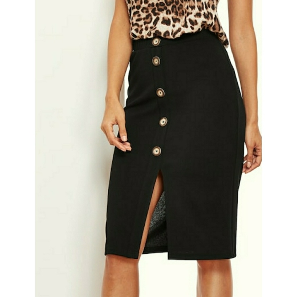 🌿LAST ONE🌿VIVA | Button Front Split Black Skirt - Picture 2 of 5